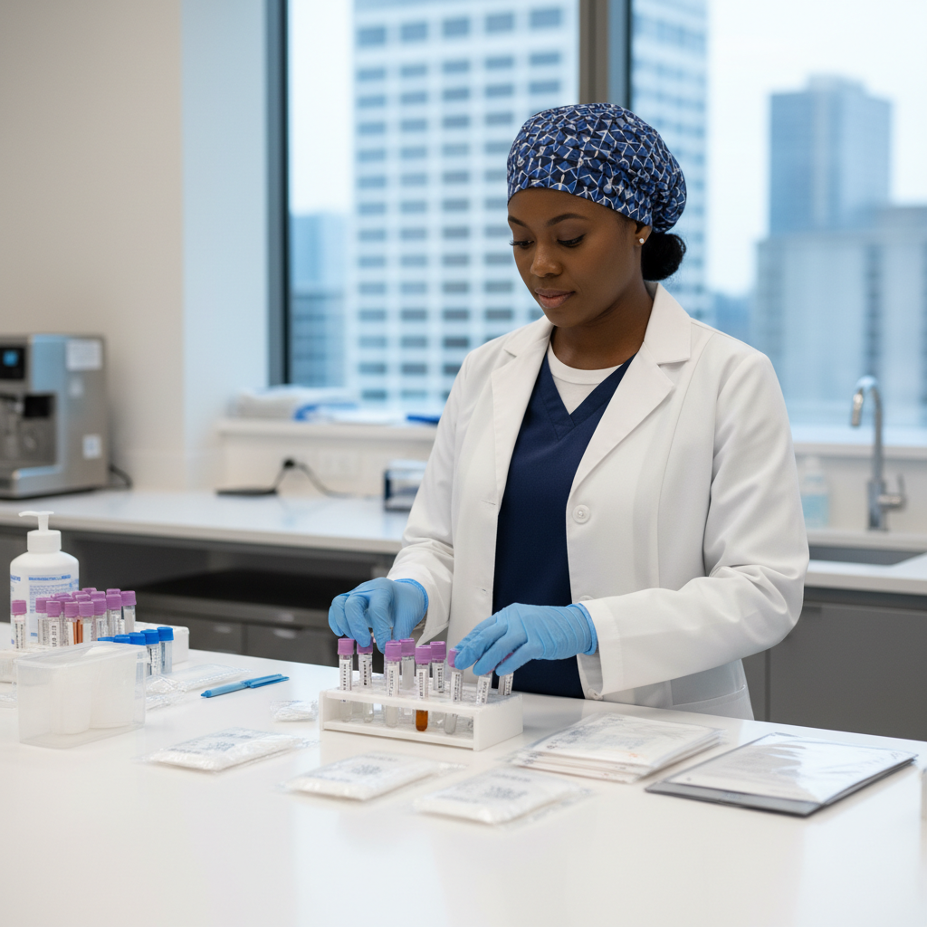 Professional collector organizing labeled specimen tubes and collection supplies in a clean clinical workspace