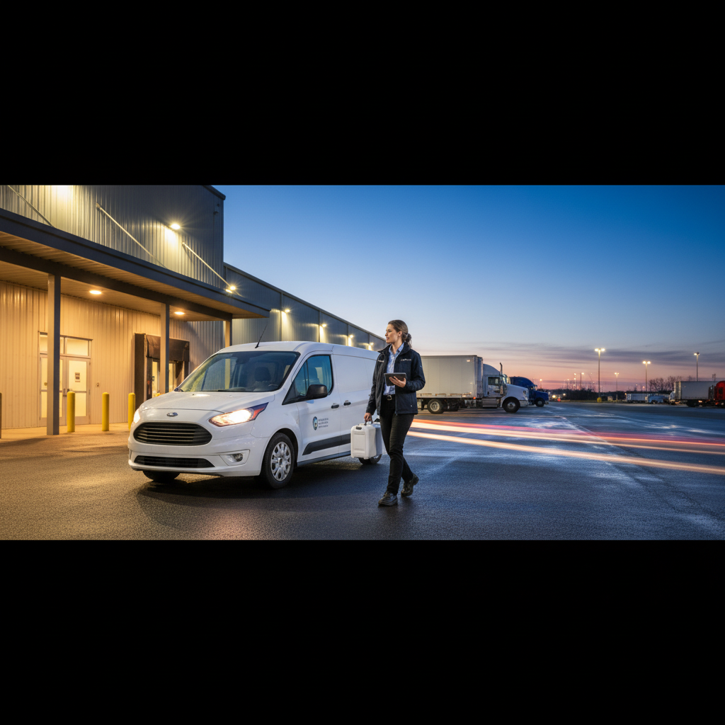 Professional mobile collector arriving at a trucking facility in the evening with a sealed collection kit