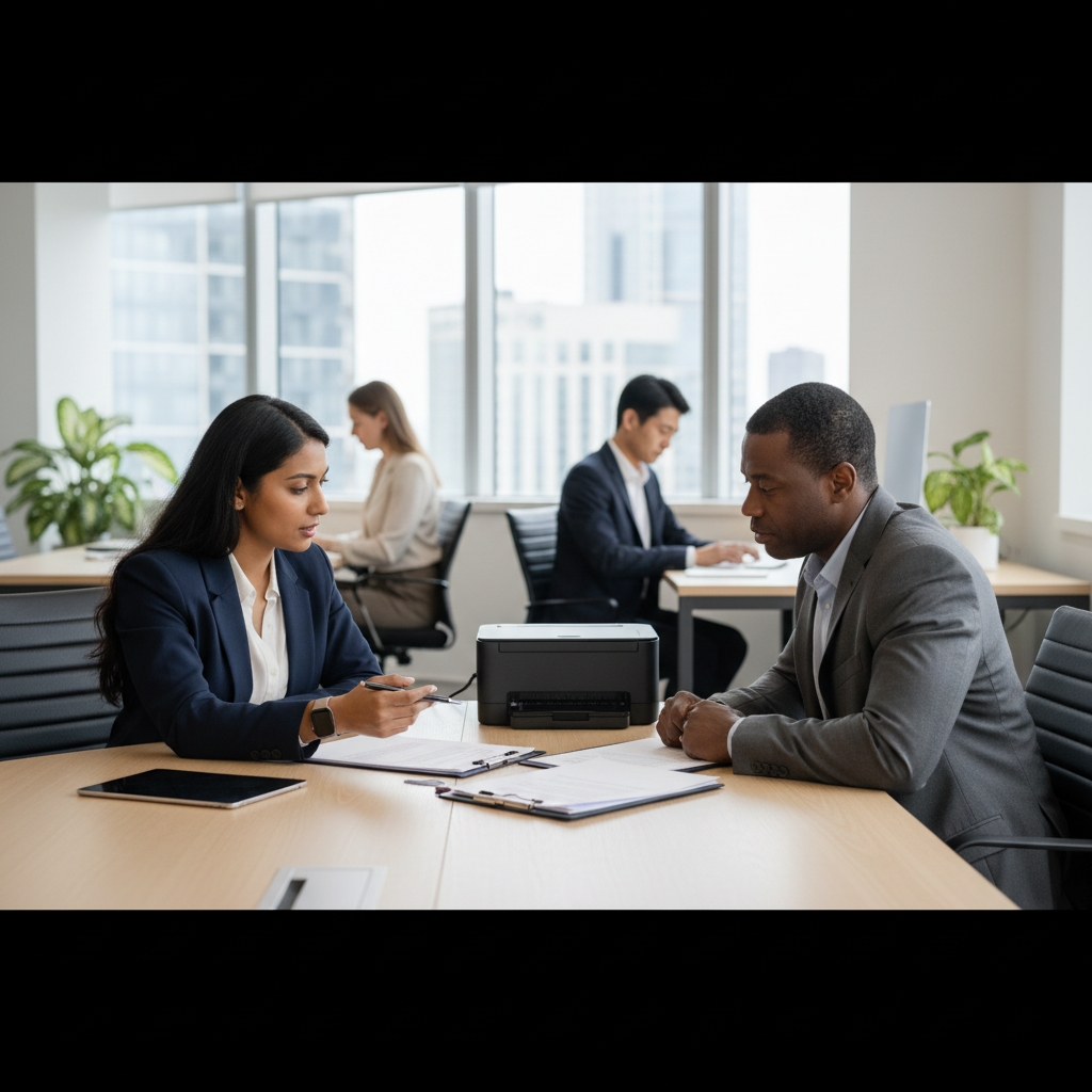 Professional mobile notary reviewing documents with an adult client