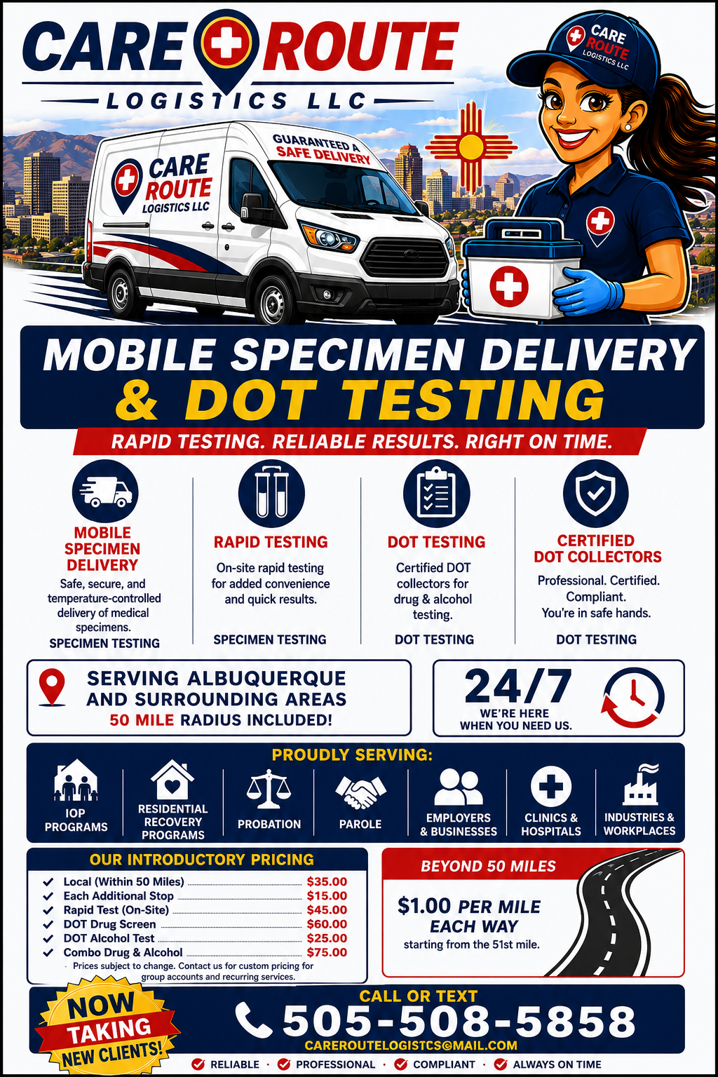 Care Route Logistics mobile specimen delivery and DOT testing flyer